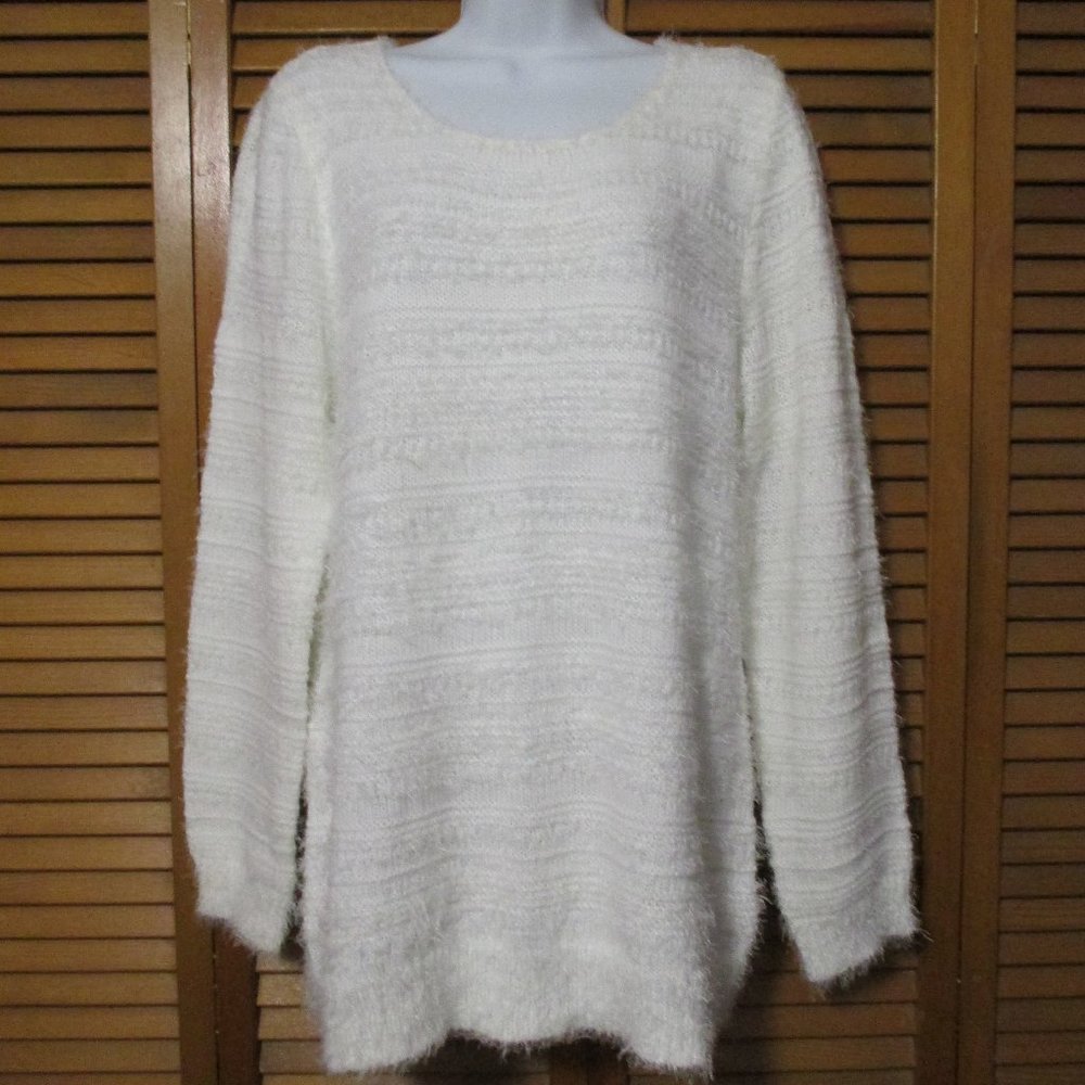 Kim Rogers sweater soft lightweight fringy knit stretchy cream sweater size L